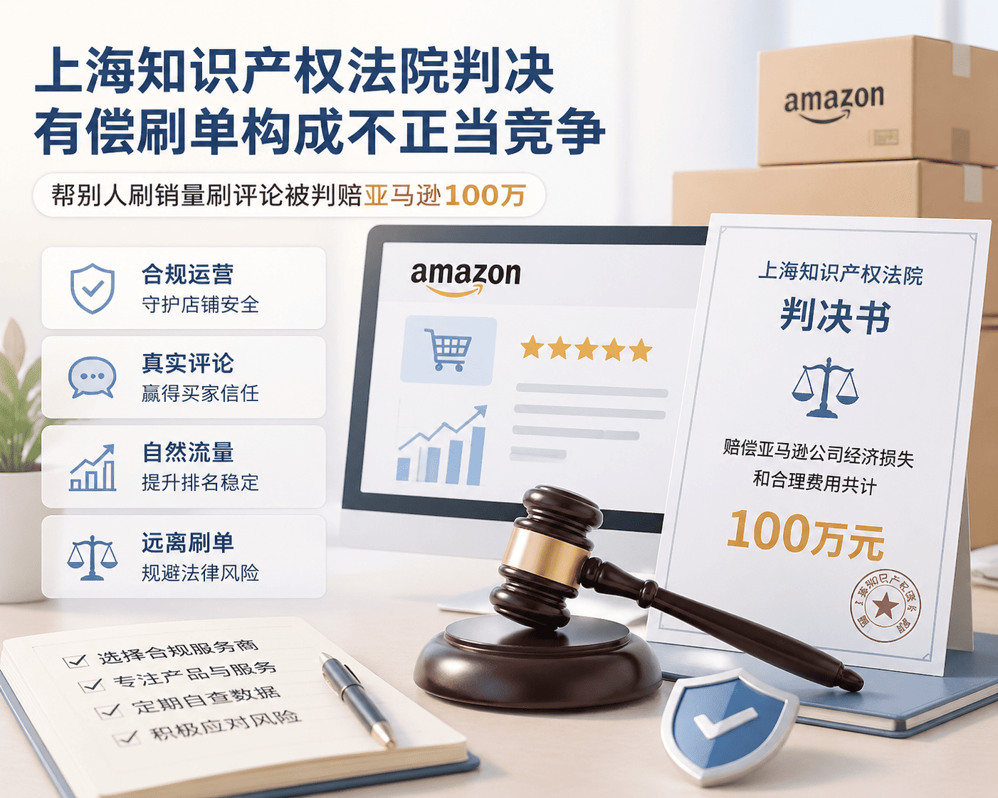 上海知识产权法院判有偿刷单构成不正当竞争：帮别人刷销量和评论被判赔亚马逊100万，这对咱们中国卖家店铺合规和长期稳定有哪些实打实的提醒？