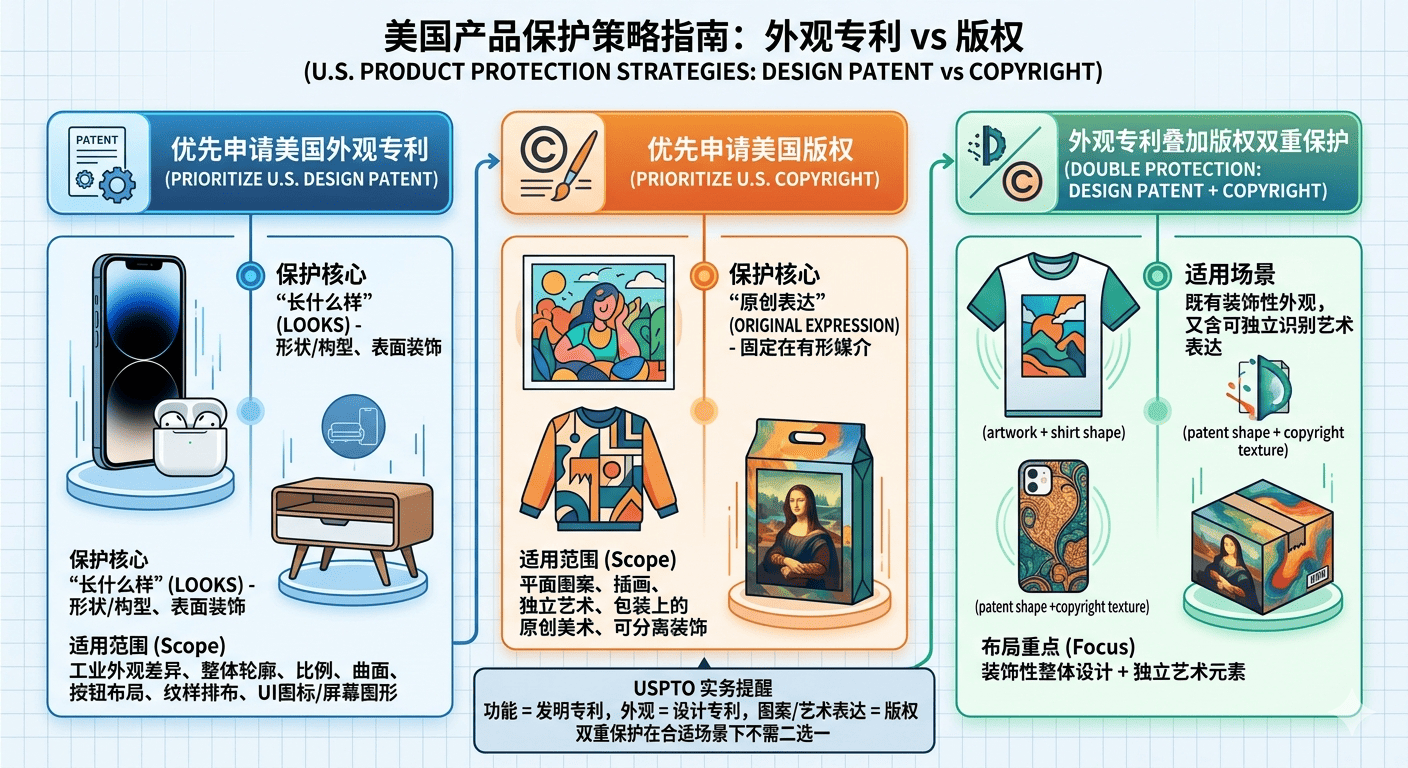 什么样的产品优先申请美国外观专利保护，什么样的产品优先申请美国版权保护，什么样的产品优先外观专利叠加版权双重保护？